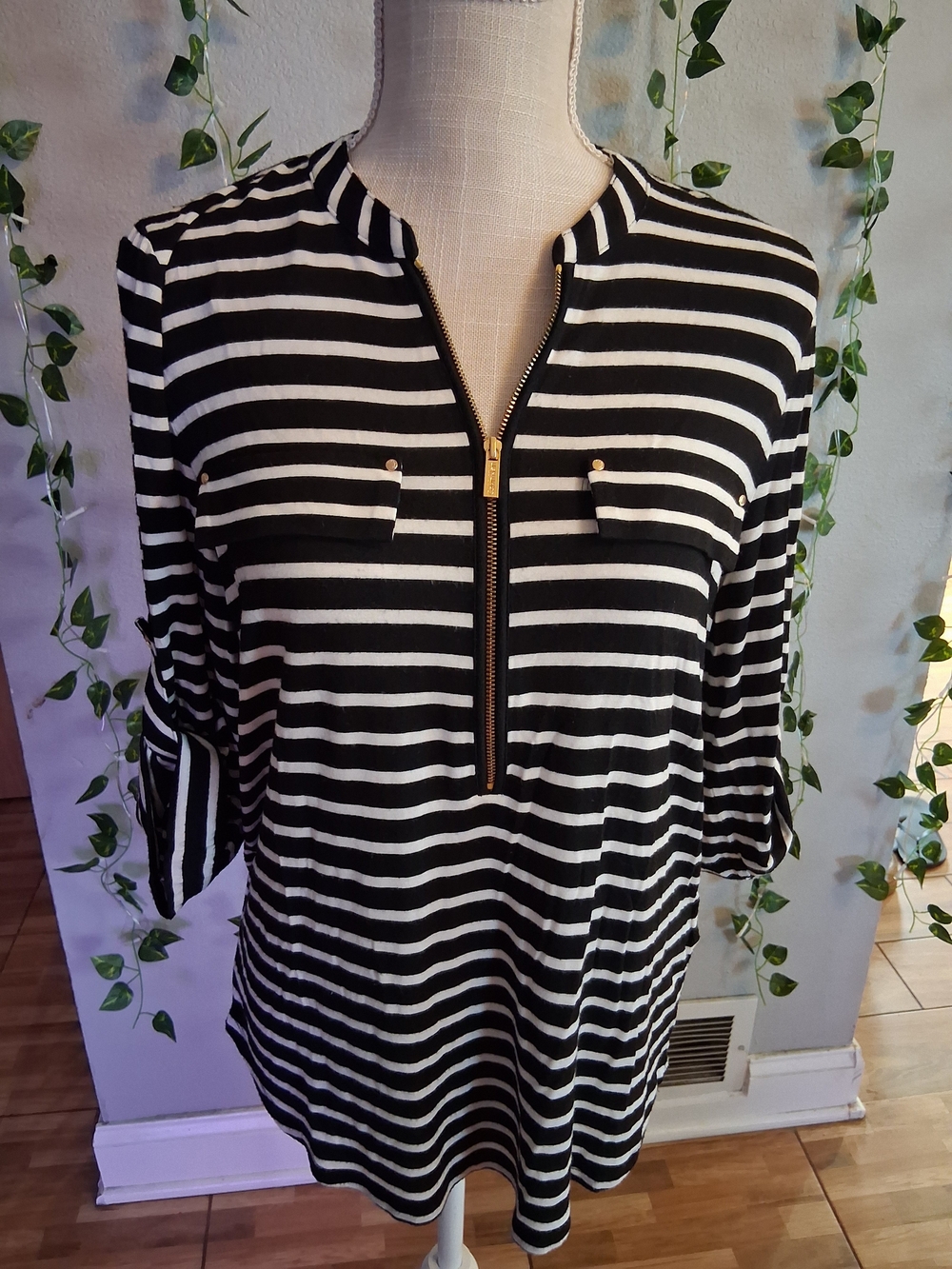 Calvin Klein Black & White Striped Zip-Front Tunic